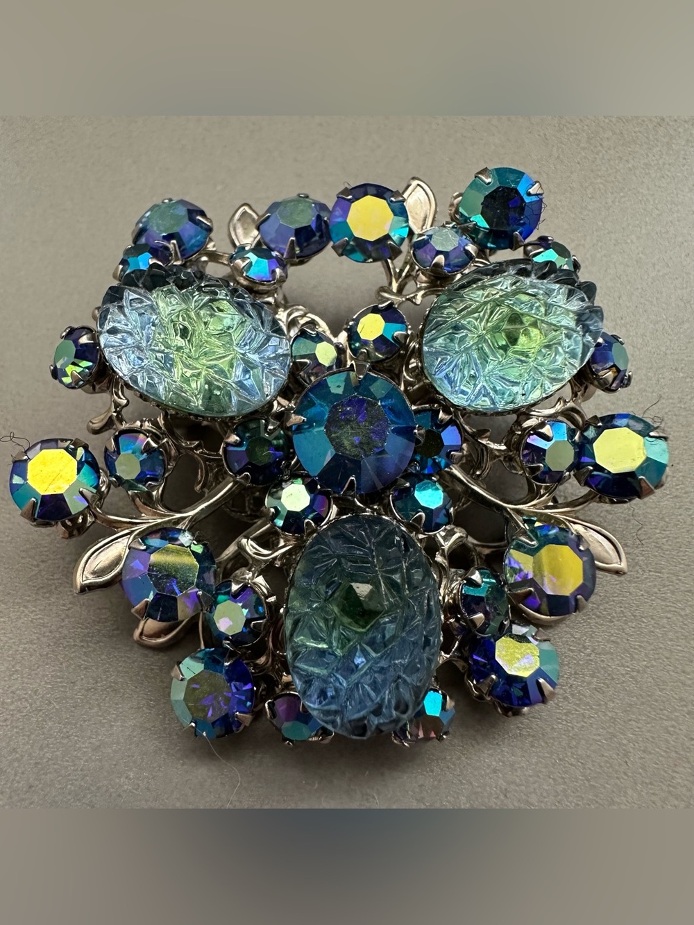 Vintage AB Shades of Blue Floral Crystal and Molded Glass Brooch